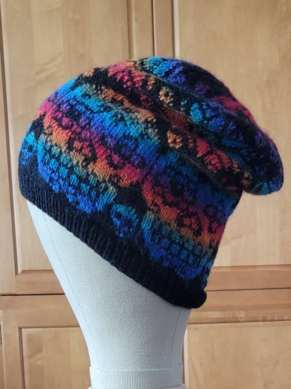 Hand Crafted Hand Knit Sugar Skull ๐ Slouchy Beanie Hat - Rainbow Colors - Picture 6 of 6